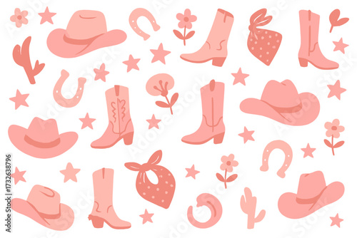 Pink cowgirl seamless pattern. Western boho background with cute cowboy boots, hat, horseshoe. Country rodeo aesthetic for girl bachelorette party. Girly vector fabric print.