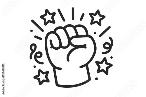 Bold punching fist icon with stars and celebration symbols, linear style vector cartoon illustration, empowerment and strength concept, energetic hand gesture design with transparent background