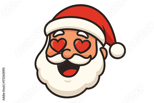 Santa Claus face with heart eyes, festive cartoon icon, joyful Christmas character, cheerful Santa beard and hat, love expression, holiday spirit vector illustration with transparent background