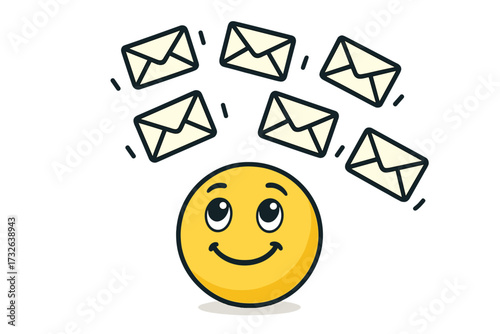 Receiving emails concept with happy emoji smiley looking up at falling envelopes, email communication illustration, digital inbox notification, message delivery vector graphic