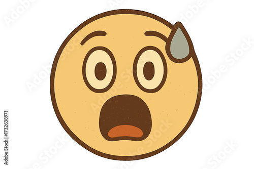 Retro vintage emoticon showing surprise and discomfort, astonished and awkward smiley face vector, open mouth wide eyes with sweat drop, editable emoji design