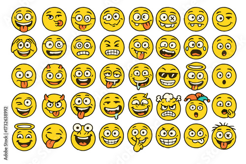 Set of 42 funny and crazy emoticons, emoji icon design, playful vector smileys, colorful expressive faces, cartoon emotions, transparent background, ordered collection