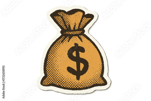 Retro halftone collage torn paper money bag sticker with dollar sign, vintage 90s style dotted effect, money symbol vector illustration, cartoon finance icon