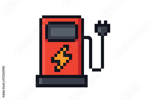 Pixel style electric charging station icon with plug, vector cartoon illustration, retro pixel art design, symbol of energy, power supply, technology, and electric vehicle charging concept