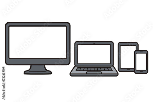 Set of digital devices including monitor, laptop, tablet, and smartphone in a row. Vector cartoon illustration perfect for technology, gadget, and communication concepts with transparent background.