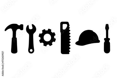 Silhouette icons of construction tools including hammer, wrench, gear, saw, safety helmet, screwdriver, vector flat design, black tool symbols, industrial repair set, building maintenance essentials