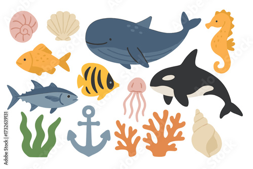 Set of colorful sea animals and marine life illustrations with whale, killer whale, seahorse, tuna fish, butterfly fish, jellyfish, seashells, coral, seaweed, and anchor design