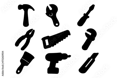 Silhouette icons of essential construction and repair tools set, vector illustration with transparent background, hammer, screwdriver, wrench, saw, drill, pliers, paint brush, cutter