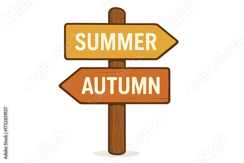 Wooden signpost pointing in opposite directions with summer and autumn text, seasonal transition concept, vector illustration for nature, weather, and time changing themes