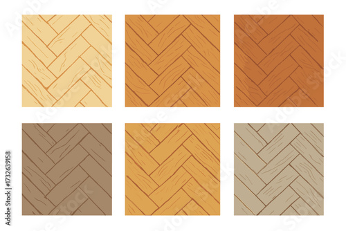 Set of six seamless wooden parquet floor textures in different natural colors, Scandinavian hand-drawn style, vector illustration, interior design elements for home and office flooring patterns