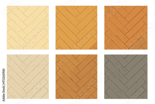 Set of six wooden parquet floor textures in various natural colors, Scandinavian style hand-drawn vector illustration, interior design elements, flat vector flooring patterns for modern decor