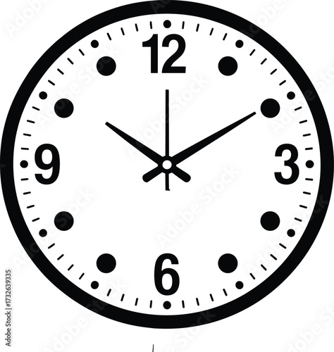Black and white analog clock face showing 10:10 with Arabic numerals and dots time watch