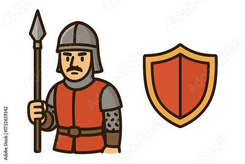 Medieval soldier or guard in armor holding spear with red tunic and helmet, shield icon with gold border, cartoon vector illustration for designs, apps, books, graphics
