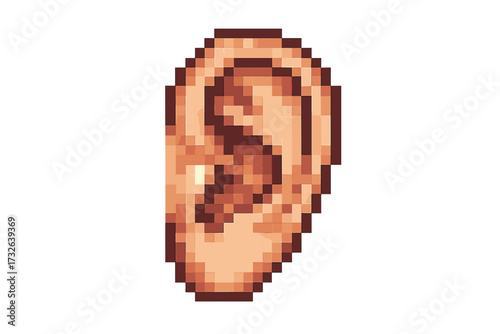 Square pixel art ear isolated, realistic human ear made of small squares in trendy vintage style, detailed vector cartoon illustration with transparent background for design