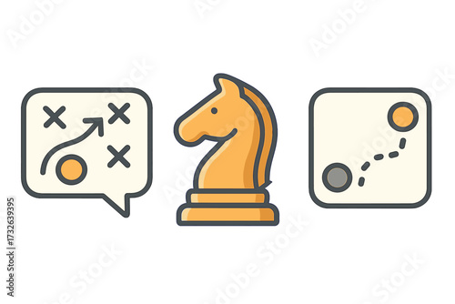 Strategic chess knight icon with horse symbol, game plan tactics, vector cartoon illustration, transparent background, gameplay strategy concept, thoughtful move design