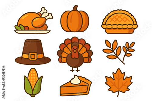 Thanksgiving icons set with cartoon style vector illustrations, including turkey, pumpkin, pie, corn, pilgrim hat, autumn leaves, and festive harvest symbols on transparent background