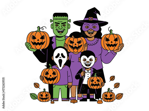 Spooky Halloween Family Portrait: A lively Halloween family, radiating festive energy, smiles radiantly while showcasing various Halloween pumpkin and monster costumes. 