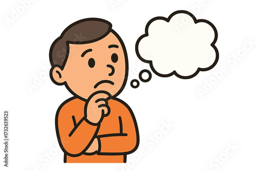Thoughtful man pondering with empty speech bubble, thinking concept illustration, introspective expression, decision making, thinking process, vector cartoon character design