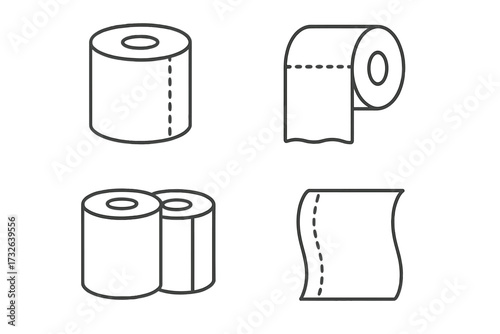 Toilet paper bundle thin line icons set, editable stroke vector collection. Toilet roll, single and multiple rolls, paper sheets for websites, apps, cards, books