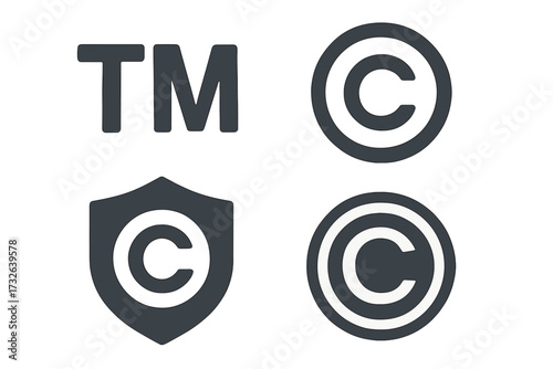 Trademark and Copyright Icon Set, Vector Cartoon Glyph Illustration of Legal Protection Symbols, Intellectual Property, Brand Identity, Compliance and Security, Transparent Background