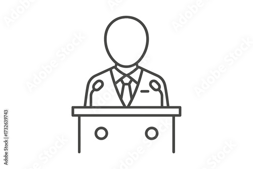 Vector icon of politician at podium thin line illustration with suit and tie for leadership, public speaking, speech delivery, debate, and formal presentation concept
