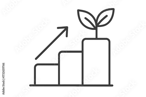 Upward movement growing bar chart with plant sprout, business growth concept, increase graph icon, linear style vector illustration for finance and ecology