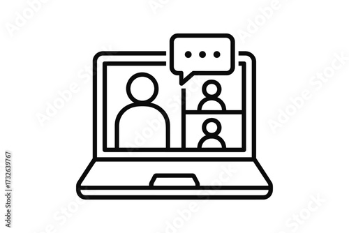 Thin line vector icon of laptop screen showing online video call conference with multiple people, webinar communication, virtual meeting, chat bubble, digital teamwork concept