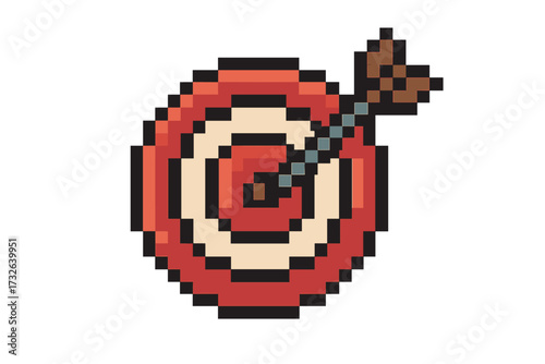 Pixel style red and white target with arrow hitting bullseye, dartboard illustration, accurate aim concept, goal achievement symbol, digital pixel art vector graphic