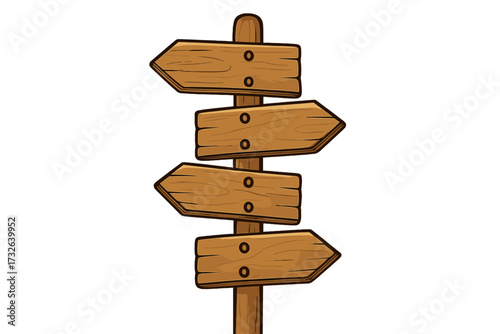 Wooden direction signposts pointing to four directions north east west south, rustic wooden arrow signs, vintage signpost vector illustration, travel navigation concept, blank wood pointers
