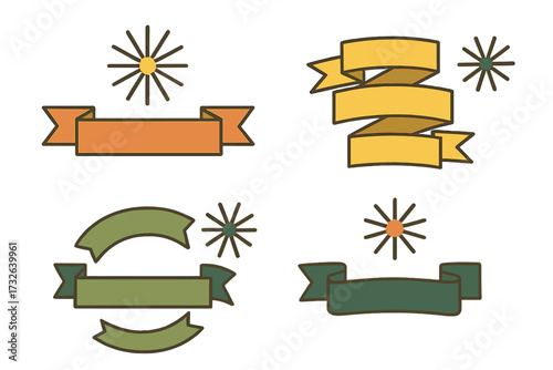 Collection of retro ribbon banners. Set of vintage labels and tags in geometric style. Colorful graphic design elements. Empty scrolls for text and emblems. Vector illustration isolated.