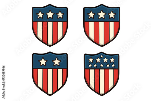 American patriotic shield icons with stars and stripes, USA label symbols, vintage red white blue emblem set, vector cartoon illustration collection, transparent background