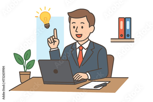Businessman working on laptop with idea concept, office workspace with plant, files, and notepad, creative thinking, innovation, professional male employee vector illustration