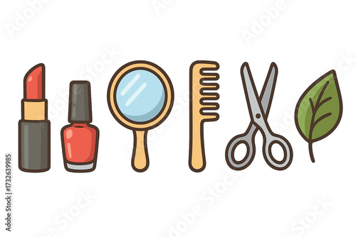 Beauty and self-care icon set. Cartoon vector lipstick, nail polish, mirror, comb, scissors, leaf. Flat illustration for cosmetics, salon, manicure, hairdressing, spa.