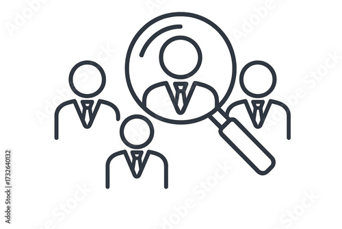 Vector trendy thin line icon with 3 business men and magnifying glass highlighting one professional for job recruitment, talent search, career success, hiring, corporate opportunities