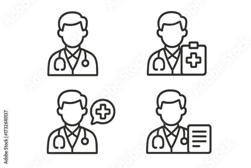 Doctor physician line icon set. Medical professional with stethoscope, health report and clipboard. Healthcare consultation symbol. Medicine and therapy concept illustration.