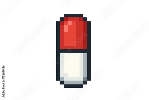 Capsule pill icon in pixel art style. 8-bit retro video game medicine symbol. Health care drug, vitamin, or supplement. Pharmacy treatment concept. Isolated vector illustration.