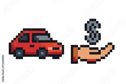 Car purchase, sale, or rental concept in pixel art. Hand with dollar sign for auto loan, insurance, or vehicle financing. 8-bit retro gaming style vector icon of a red automobile.