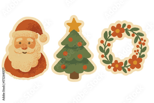 Vintage halftone torn paper stickers set with warm Santa Claus, decorated Christmas tree with star, festive floral wreath in naive clay style, retro textured vector illustration