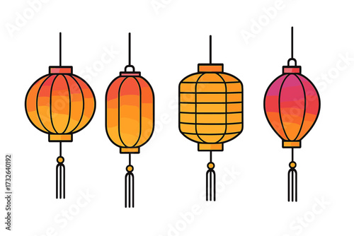 Chinese lanterns set with modern gradient. Japanese Asian new year traditional lamp. Vector line art icon collection for festival decoration. Oriental culture symbol illustration.