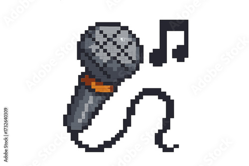 Microphone pixel art icon. 8-bit retro gaming style music symbol. Vector illustration for karaoke, singing, podcast or audio recording. Vintage sound equipment with musical notes.