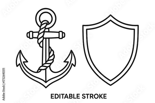 Anchor and shield line art icon set. Vector illustration with editable stroke. Concepts of maritime security, naval safety, stability, protection, safe harbor, strength, defense.