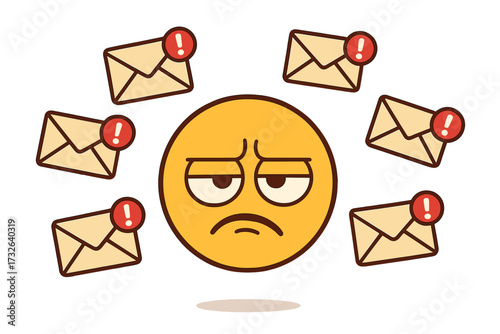 Annoyed emoji stressed by email spam. Concept of information overload, digital fatigue, and inbox notifications. Overwhelmed sad face character. Vector cartoon illustration.