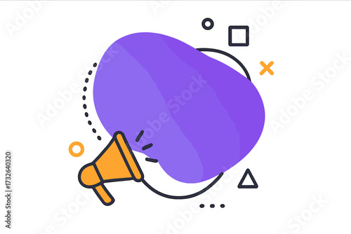 Megaphone announcement for promotion, sale, or contest. Vector banner with abstract liquid shape and geometric elements. Modern background design for marketing and social media.