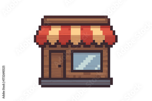 Pixel art shop icon for video games. 8-bit retro storefront building illustration. Isolated vector sprite for gaming assets. Market or store facade with awning design.