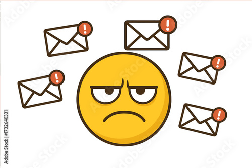 Annoyed emoji stressed by too many email notifications and spam messages. Vector concept for information overload, digital burnout, inbox fatigue, and communication problem.