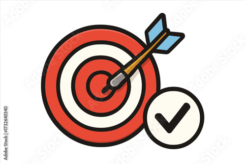Target with arrow in the bullseye and check mark icon. Business goal success concept. Marketing strategy achievement. Vector illustration for focus, victory, and mission accomplished.