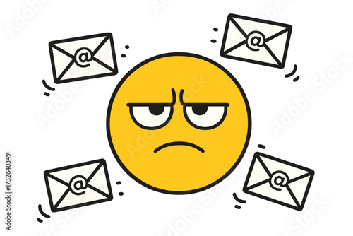 Annoyed emoticon stressed by email spam overload. Frustrated cartoon face character overwhelmed by junk mail and unwanted electronic messages. Communication problem concept vector.