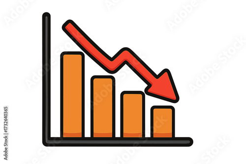 Vector icon of a decreasing bar chart. Financial graph with downward arrow. Symbol for economic crisis, recession, business loss, market decline, and investment failure.