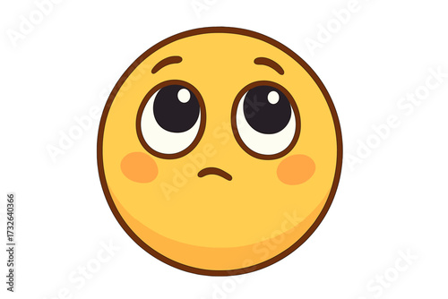 Cute pleading emoticon looking up with big puppy eyes. Vector illustration of a hopeful, sad or begging face. Concept for wish, desire, thinking, hope, innocence, forgiveness.