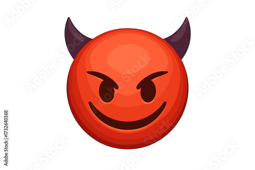 Devil emoticon with horns vector icon. Diabolical smiley face character. Naughty or evil emoji concept. Malicious, mischievous mood. Red satanic symbol cartoon illustration.